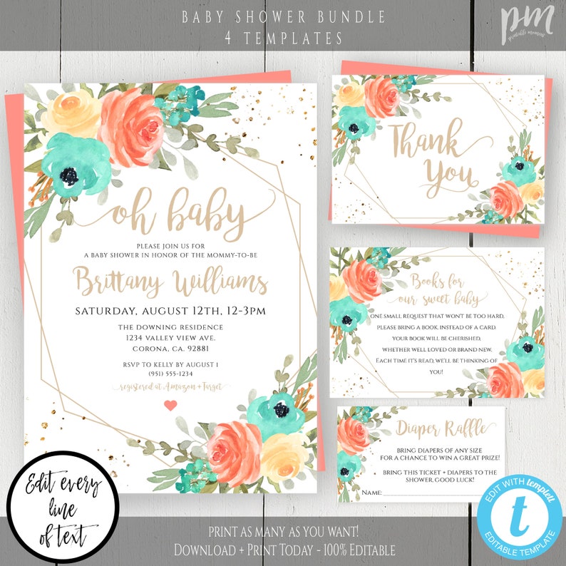 May include: A set of four printable baby shower templates featuring a peach, yellow, and turquoise floral design with gold geometric accents. The text on the invitation reads "Oh Baby" and includes the name "Brittany Williams". The other templates include a thank you card, a "Books for our Sweet Baby" request card, and a diaper raffle card.