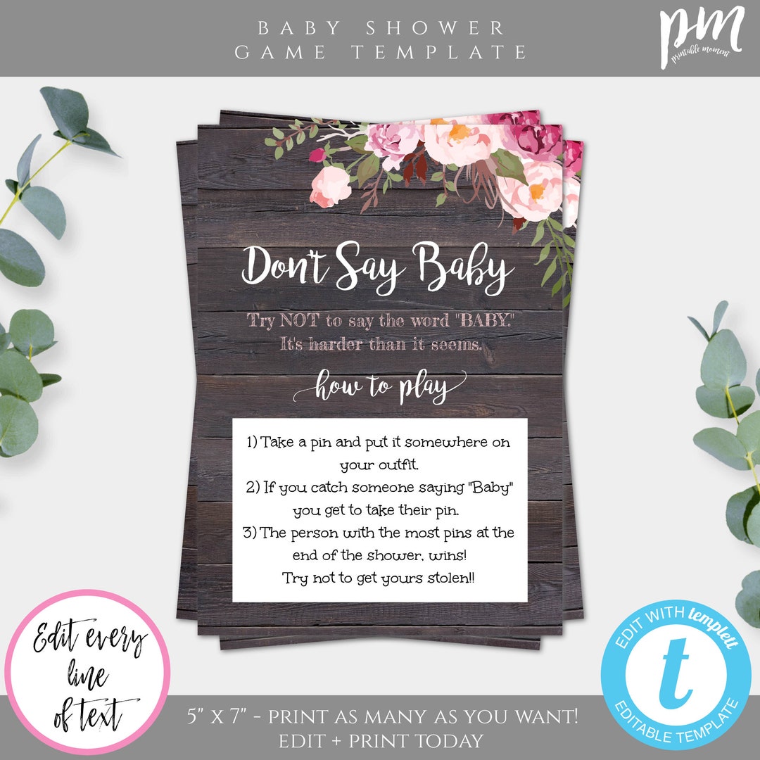 Don't Say Baby Game Template Rustic Floral Baby Shower Game Clothes Pin ...