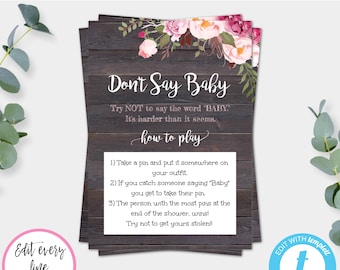 Don't Say Baby Game Template Rustic Floral Baby Shower Game Clothes Pin Game Instant Download Baby Shower Printable, Editable Template BSRF3