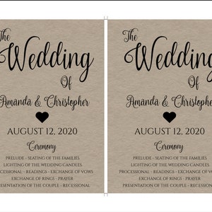 May include: A tan wedding ceremony programme with black text. The programme is for the wedding of Amanda and Christopher on August 12, 2020. The programme lists the order of events for the ceremony, including the seating of the families, lighting of the wedding candles, processional, readings, exchange of vows, exchange of rings, prayer, and presentation of the couple.