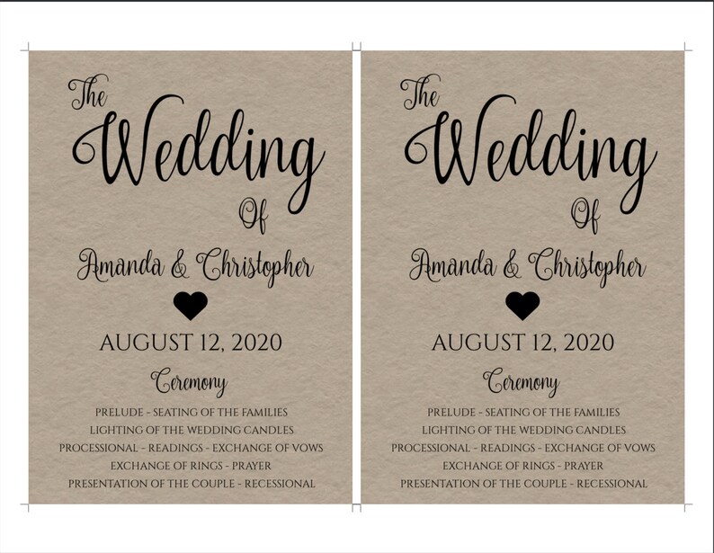 May include: A tan wedding ceremony programme with black text. The programme is for the wedding of Amanda and Christopher on August 12, 2020. The programme lists the order of events for the ceremony, including the seating of the families, lighting of the wedding candles, processional, readings, exchange of vows, exchange of rings, prayer, and presentation of the couple.