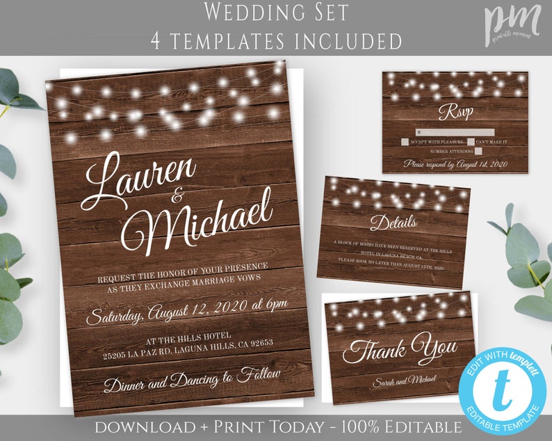 May include: Wedding invitation set with four templates. The main invitation features the names "Lauren & Michael" on a rustic wood background with string lights. Includes RSVP, details, and thank you cards. The text reads "Request the honor of your presence as they exchange marriage vows."