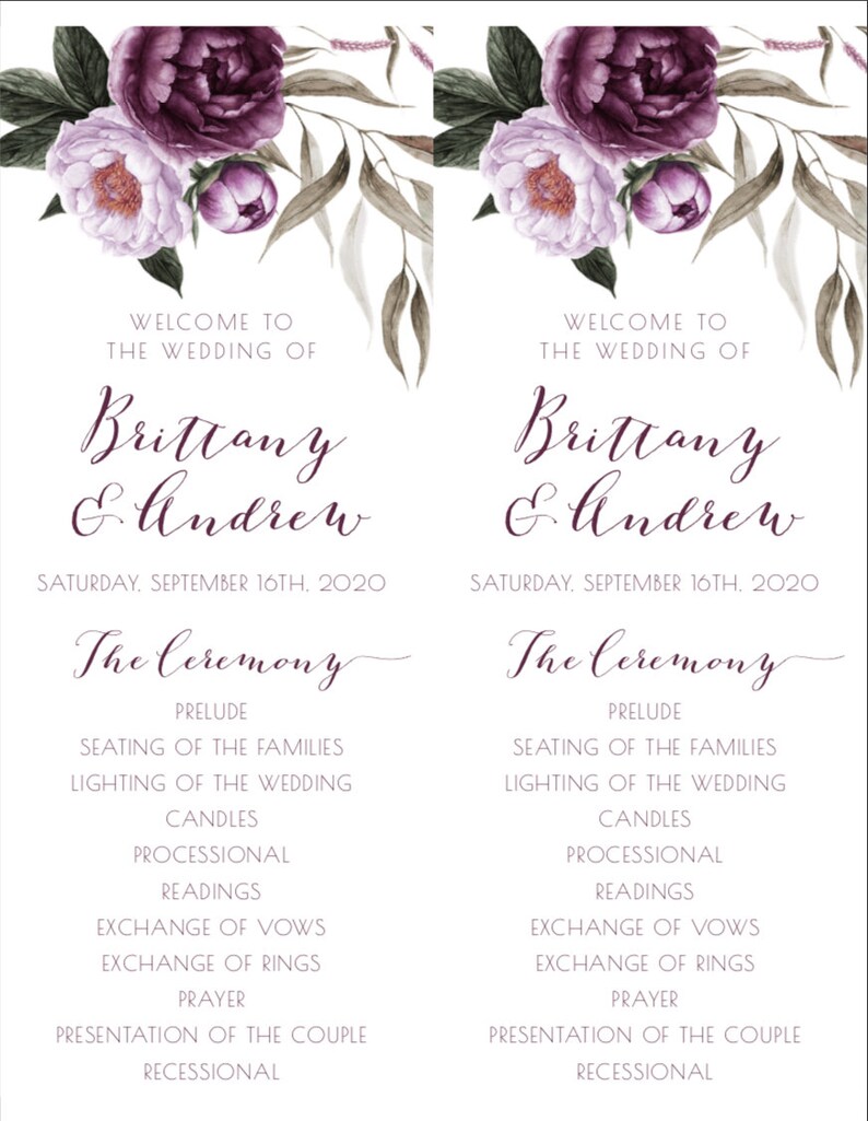 Purple Floral Wedding Program Template Printable Tea Length - Etsy