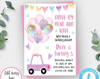 Pink Drive By Kid's Birthday Parade Invitation Template for Girl, Editable Drive By Birthday Party, Virtual Party Invite, Honk Wave Invite