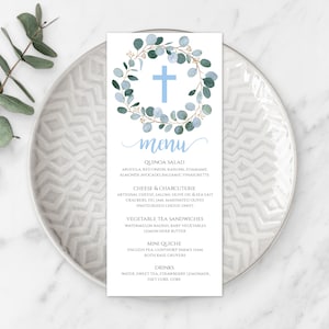 Greenery Baptism Menu Template for Boy, Editable Blue Cross Dinner Menu, Printable Menu Card, DIY Baptism Decor, INSTANT DOWNLOAD, BAP2