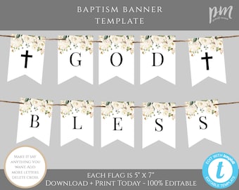 White Floral Baptism Flag Banner, Baptism Bunting Flag Template, Editable Gender Neutral Bunting Flag Printable, Editable Template, Add Name