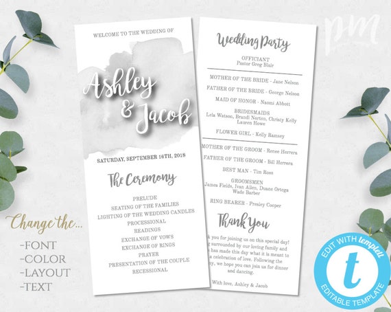 gray watercolor wedding program template 1 2 page printable etsy