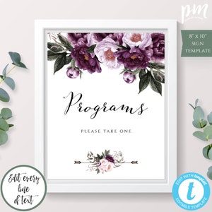 Puede incluir: Plantilla de cartel imprimible de 20,3 x 25,4 cm con un diseño floral en tonos morados y verdes. El texto en el cartel dice "Programas" y "Por favor, tome uno".