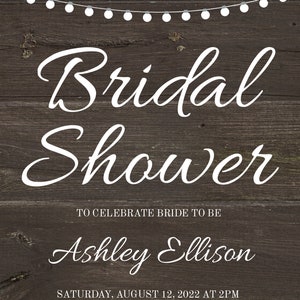 Rustic Bridal Shower Invitation Template with String Lights, Country Wedding, Edit Print Yourself, 5 x 7 Instant Download, Templett, WBRL2 image 3