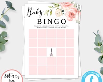 Puede incluir: Plantilla de juego de bingo de baby shower imprimible con un diseño floral rosa. La tarjeta de juego tiene una cuadrícula de 5x5 con espacios para rellenar con los regalos que la futura mamá recibirá. La tarjeta también presenta un pequeño gráfico de la Torre Eiffel. El texto "Baby Bingo" está en la parte superior de la tarjeta.