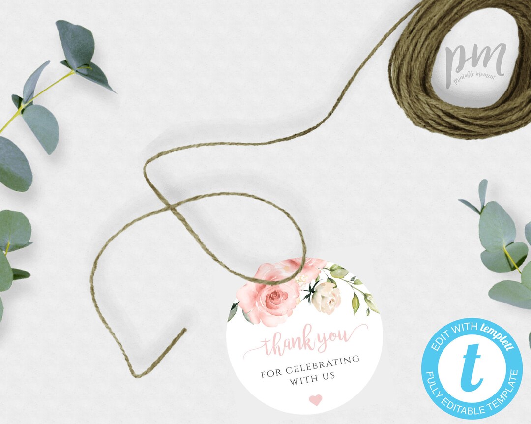 2 Round Pink Floral Thank You Favor Tag Template, Editable Gift Tag, Printable Personalized ...