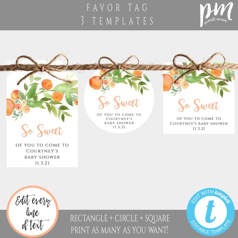 Peach Baby Shower Thank You Favor Tag Templates, So Sweet Gift Tag Printable, Tag Personalized, Shower Favor Tag Peach Baby Shower Tag BS2PF image 1