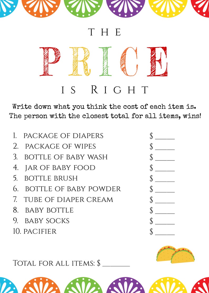 May include: A white baby shower game card with the title "THE PRICE IS RIGHT" in colorful letters. The card lists baby items with spaces to write prices, and colorful floral designs at the top and bottom.