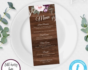 Purple Floral Rustic Printable Wedding Menu Template, Dinner Menu Instant Download, Editable Menu for Shower, Try Before You Buy, WBRP