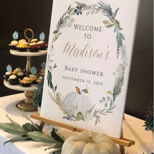 Plantilla de signo de bienvenida de baby shower para niño, cartel de bienvenida, baby shower de calabaza imprimible, signo de bienvenida de acuarela editable, ducha de otoño, BPS