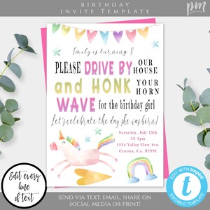 Unicorn Drive By Birthday Parade Invitation Template Drive By Kid&#39;s Birthday Party Digital Kid Friend Party Invite Parade Birthday Honk Wave