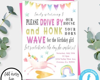 Unicorn Drive By Birthday Parade Invitation Template Drive By Kid's Birthday Party Digital Kid Friend Party Invite Parade Birthday Honk Wave