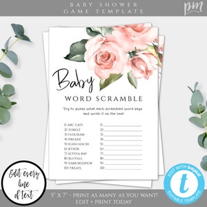 Baby Word Scramble Shower Game Template, Girl Baby Shower Activity, Pink Floral Baby Shower, Baby Shower Ideas, Boho Baby Shower, BSBPF