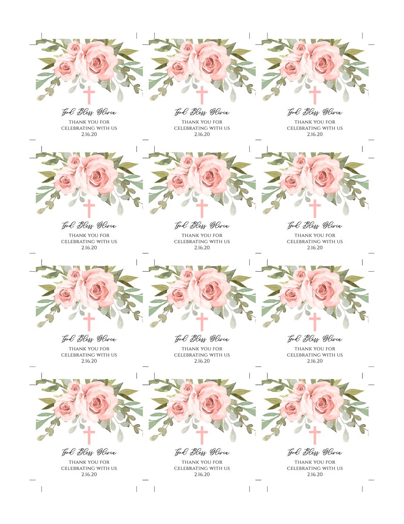 K&ouml;nnte beinhalten: Neun rosa und gr&uuml;ne florale Gef&auml;lligkeits-Etiketten mit einem wei&szlig;en Kreuz und dem Text "God Bless Olivia" und "Vielen Dank f&uuml;r das Feiern mit uns 2.16.20".