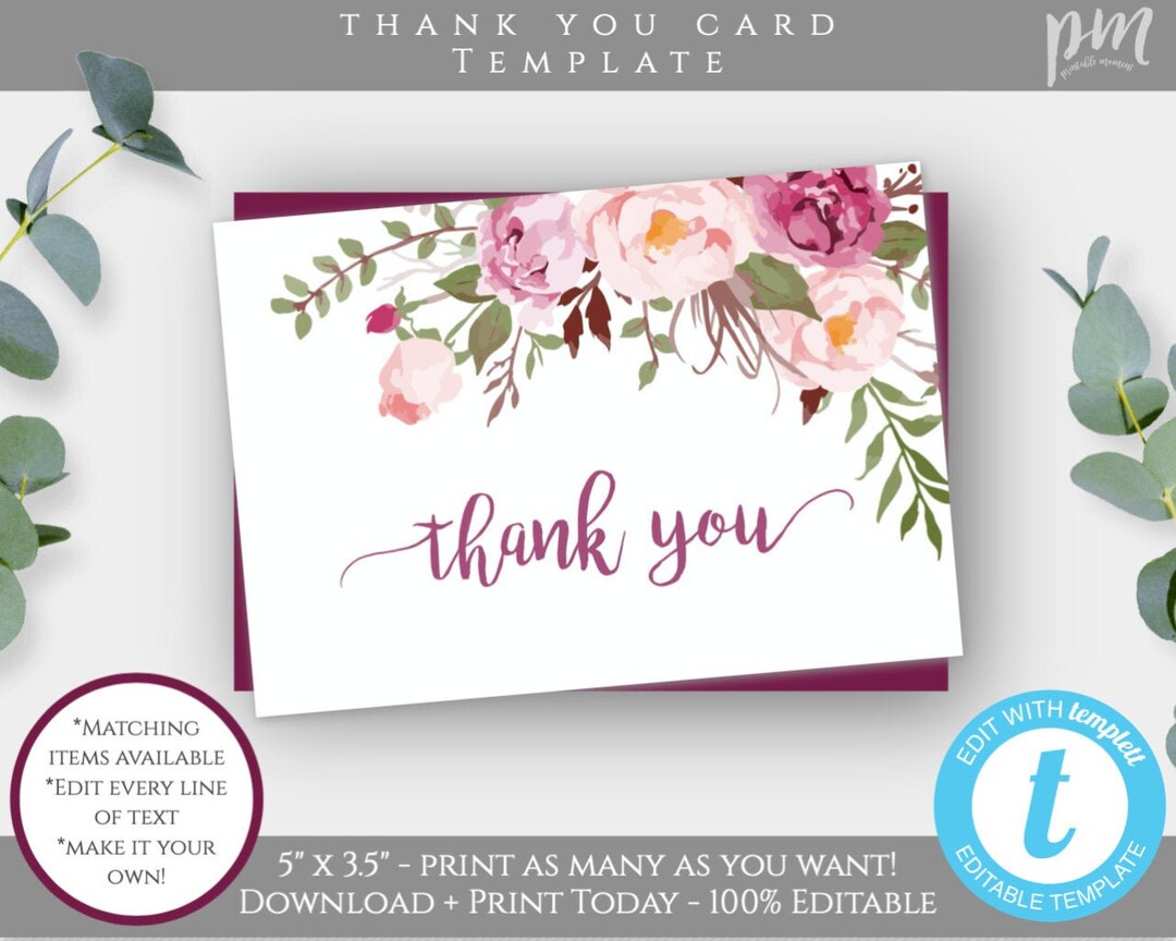 Pink Floral Funeral Thank You Card Template, Memorial Service Printable ...