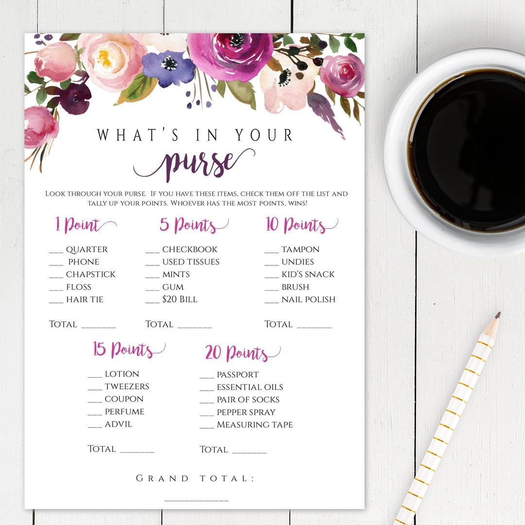What's in Your Purse Game Template, Purple Floral Bridal Shower ...