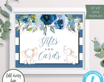 Elephant Baby Shower Gifts & Cards Sign Template for Boy, Blue Cards and Gifts Sign, Self Edit, Printable Gift Table Sign, Cards Sign, BFE