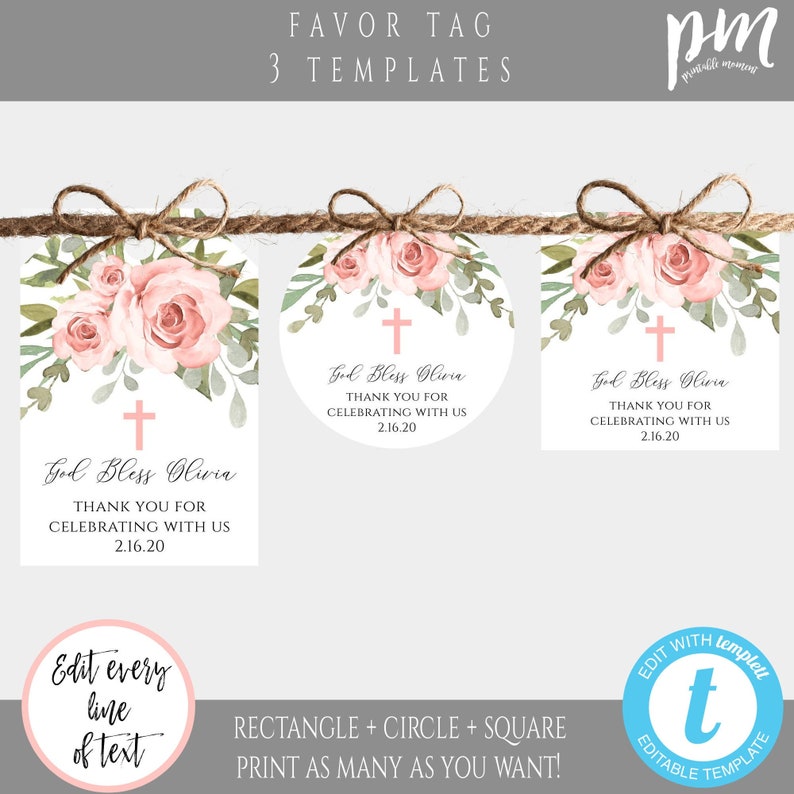 K&ouml;nnte beinhalten: Drei druckbare Etikettenvorlagen mit einem rosafarbenen Blumendesign und einem Kreuz. Der Text auf den Etiketten lautet "God Bless Olivia" mit einer Dankesbotschaft und einem Datum. Die Etiketten sind in Rechteck-, Kreis- und Quadratform.