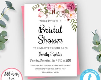 Bridal Shower Invitation Template, Pink Floral Boho Bridal Shower Invite, DIY Printable Invite, Editable Invitation, Instant Download, WSBH