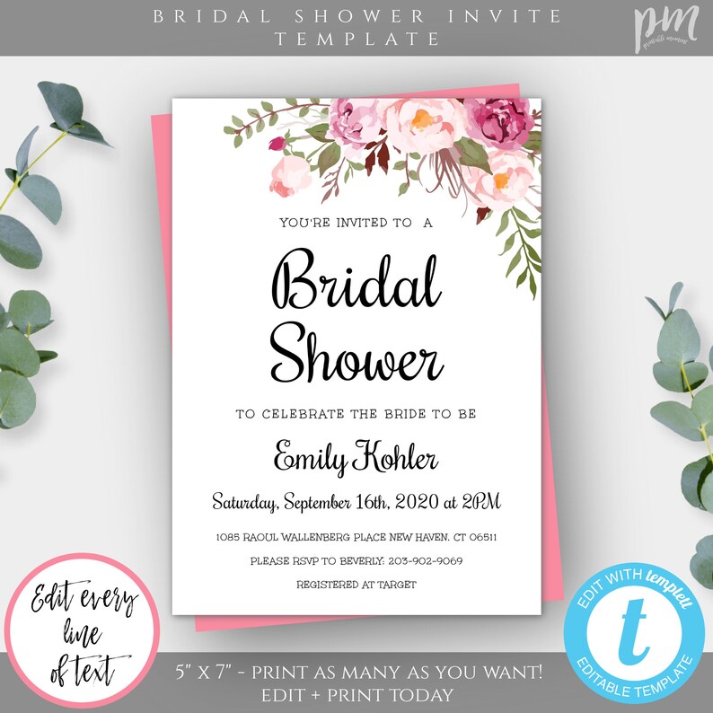 Bridal Shower Invitation Template, Pink Floral Boho Bridal Shower Invite, DIY Printable Invite, Editable Invitation, Instant Download, WSBH image 1