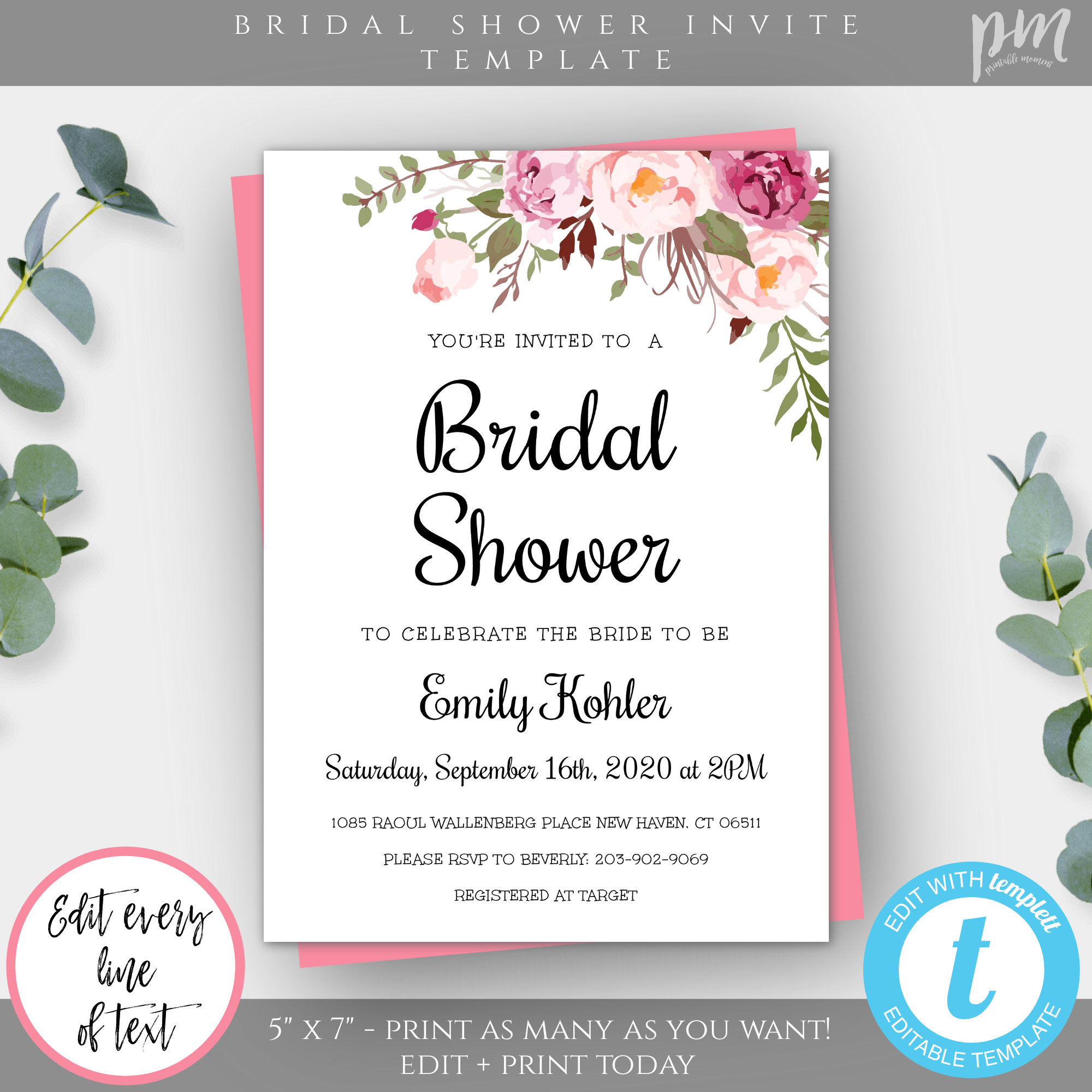 Bridal Shower Invitation Template, Pink Floral Boho Bridal Shower Invite,  DIY Printable Invite, Editable Invitation, Instant Download, WSBH - Etsy, image size:2000x2000