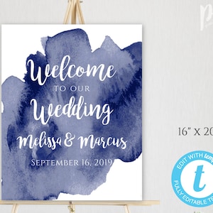Navy Watercolor Welcome Sign Template, Blue Welcome Sign for Wedding, Welcome Poster Sign Instant Download, Printable Editable Template WBNW