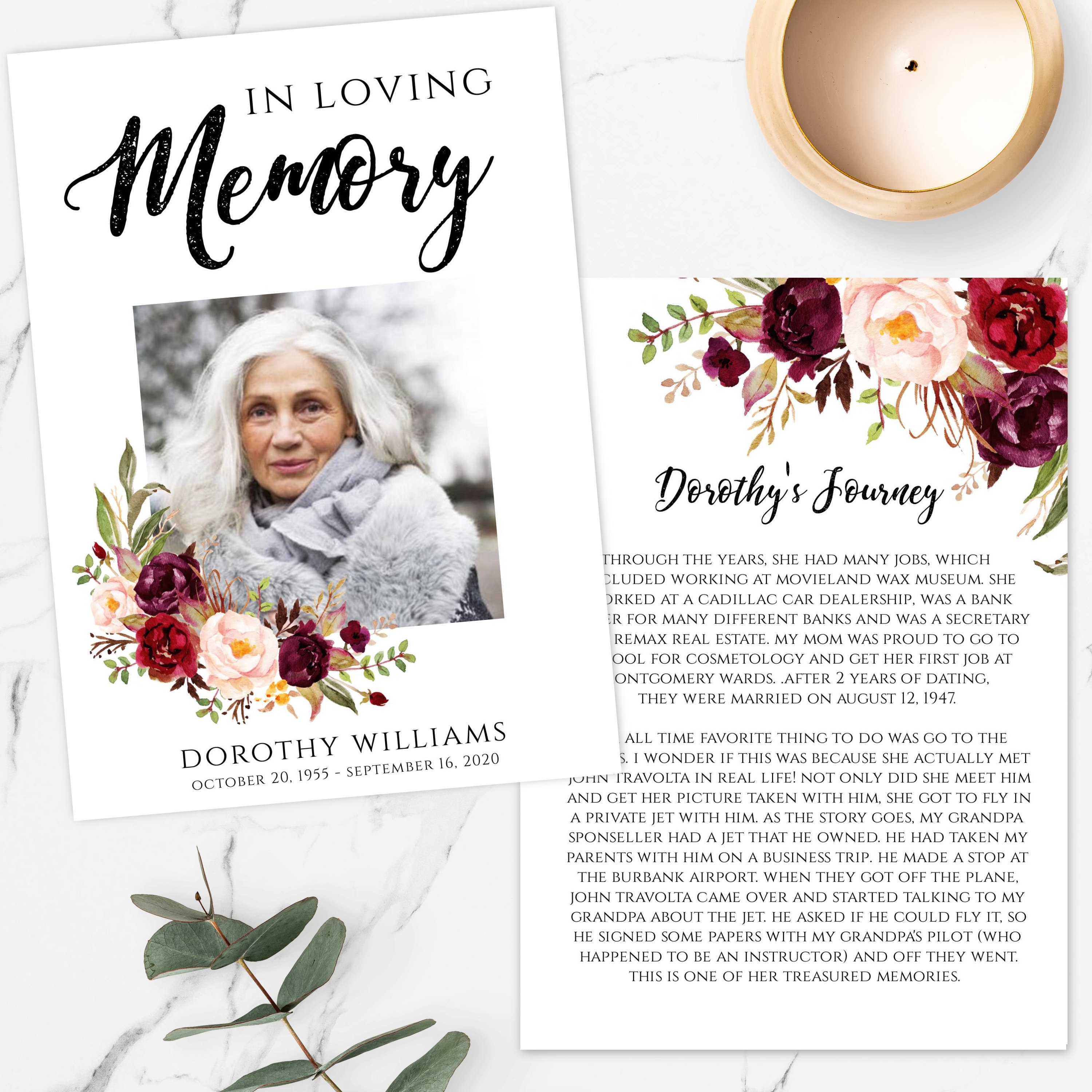 Burgundy Floral Obituary Template Memorial Service Keepsake Etsy