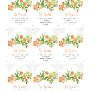 May include: Nine printable gift tags with a peach and leaf design. The tags say "So Sweet" and "Of you to come to Courtney's Baby Shower 11.3.21".