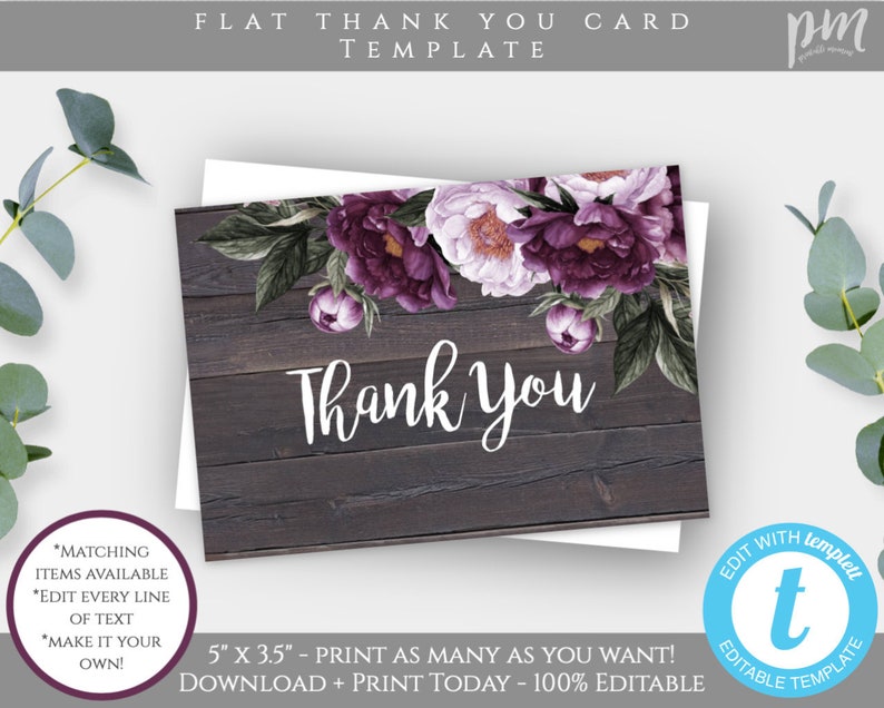 Rustic Floral Thank You Card Template, Lavender Floral Bridal Shower ...