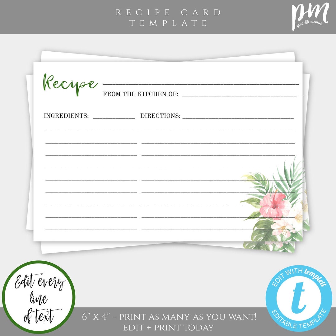 Hawaiian Recipe Card Template, Funeral Printable Keepsake, Tropical ...