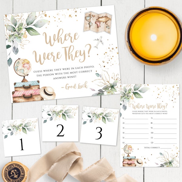 Where Were They Game Template Set Travel Bridal Shower Activity Editable Greenery Shower Sign, Instant Download, Printable Bridal Shower TG