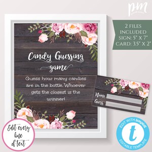 Rustic Floral Candy Guessing Game Template Sign + Card For Baby Shower, How Many Candies, Baby Shower Activity, Girl Baby Shower,  BSRF3