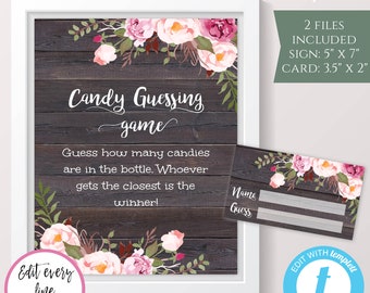 Rustic Floral Candy Guessing Game Template Sign + Card For Baby Shower, How Many Candies, Baby Shower Activity, Girl Baby Shower,  BSRF3