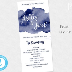 Navy Watercolor Wedding Program Template, 1/2 Page Watercolor Printable Program, Instant ...