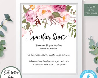 Pacifier Hunt Sign Template, Editable Bohemian Baby Shower Printable, Pacifier Hunt Sign Floral Boho Baby Shower Decor, Printable Sign  BSBH