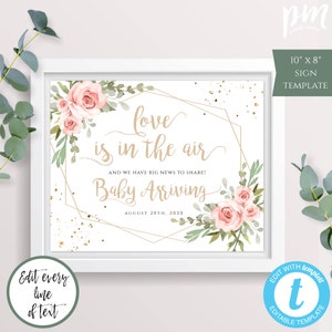 Pregnancy Announcement Sign Template, Love is in the Air, Big News to Share, Editable Blush Floral 10" x 8" Gold Geometric Baby Shower, BSBG