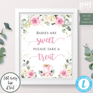 Pink Floral Babies Are Sweet Please Take a Treat Sign Template, Editable + Printable A Baby is Brewing Baby Shower Decor Download, PMB