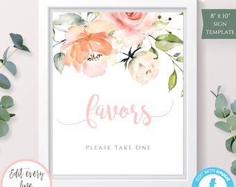 Peach Floral Favors Sign Template, DIY Editable Template, Printable Girl Baby Shower, Please Take One Sign, Favor Table Sign Template, BSP2