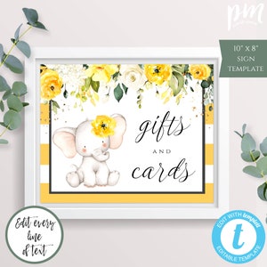 Elephant Baby Shower Gifts & Cards Sign Template for Girl, Yellow Cards and Gifts Sign, Elephant Floral Cards +Gifts, Instant Download, BSYF