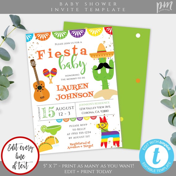 succulent cactus themed Gender Reveal Fiesta invitation printed invitations min order of 20
