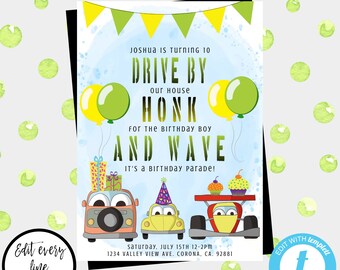 Drive By Birthday Parade Invitation Template, Drive By Kid's Birthday Party, Digital Kid's Friend Party Invite Parade Birthday Honk Wave Car
