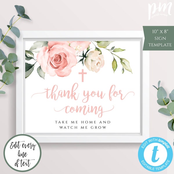 Pink Floral Succulent Plant Favors Sign Template, Watch me Grow, Baptism Decor, Baptism Favors Sign, Editable Template Instant Download BAP9