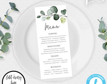 Greenery Wedding Menu Template with Watercolor Leaves, Printable Eucalyptus Wedding Menu Cards, Editable Dinner Menu Reception Cards, WBGE