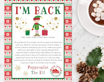 Może przedstawiać: Czerwono-zielona kartka świąteczna z kreskówkowym elfem trzymającym prezent. Na kartce napisano "Wróciłem" i "Peppermint The Elf".