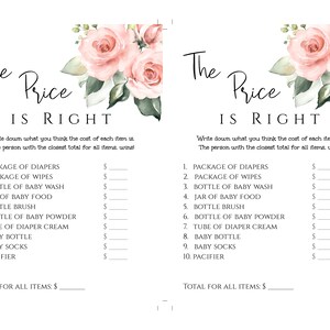 May include: A printable baby shower game with a pink floral design. The game is called "The Price is Right" and asks guests to guess the price of various baby items.